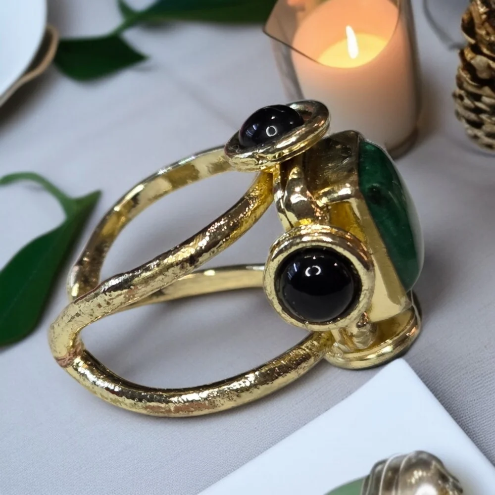 18k Gold Plated Genuine Emerald & Jet Onyx Statement Artisan Ring